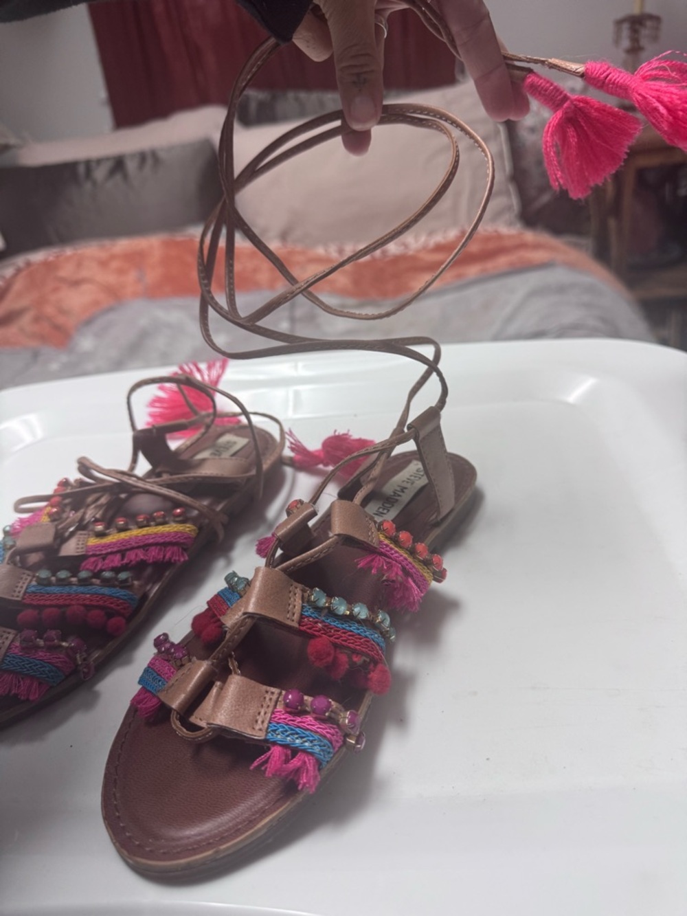 Steve Madden Brown Leather Lace-Up Sandals with Hot Pink Tassels